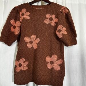 Sonoma Coquette Boho Chocolate Brown Floral Puff Sleeve‎ Knit Sweater Top Size L